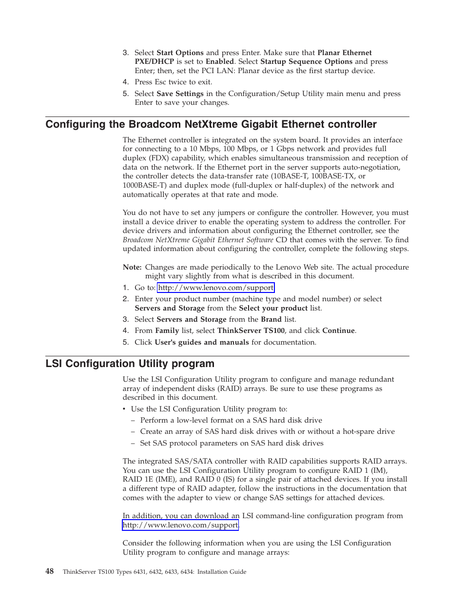 Lsi configuration utility program, Configuring, Broadcom | Netxtreme, Gigabit, Ethernet, Controller, Configuration, Utility, Program | Lenovo THINKSERVER TS100 6434 User Manual | Page 62 / 110