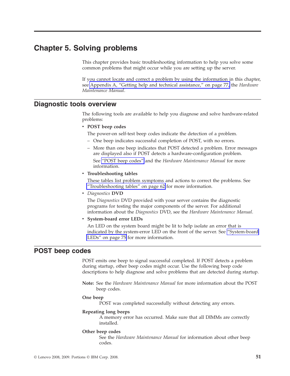 Chapter 5. solving problems, Diagnostic tools overview, Post beep codes | Chapter, Solving, Problems, Diagnostic, Tools, Overview, Post | Lenovo THINKSERVER TS100 6434 User Manual | Page 65 / 110