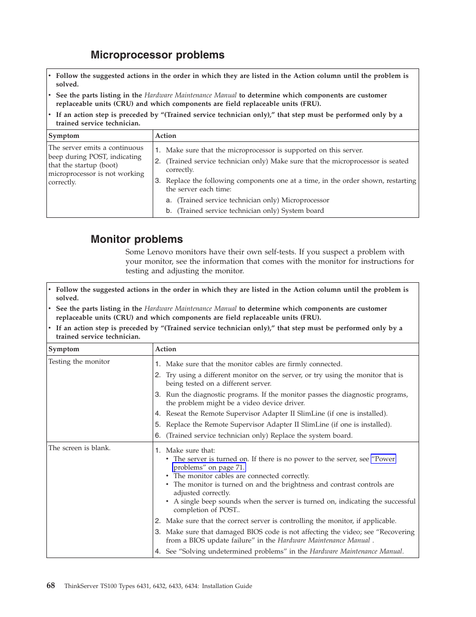 Microprocessor problems, Monitor problems, Microprocessor | Problems, Monitor | Lenovo THINKSERVER TS100 6434 User Manual | Page 82 / 110