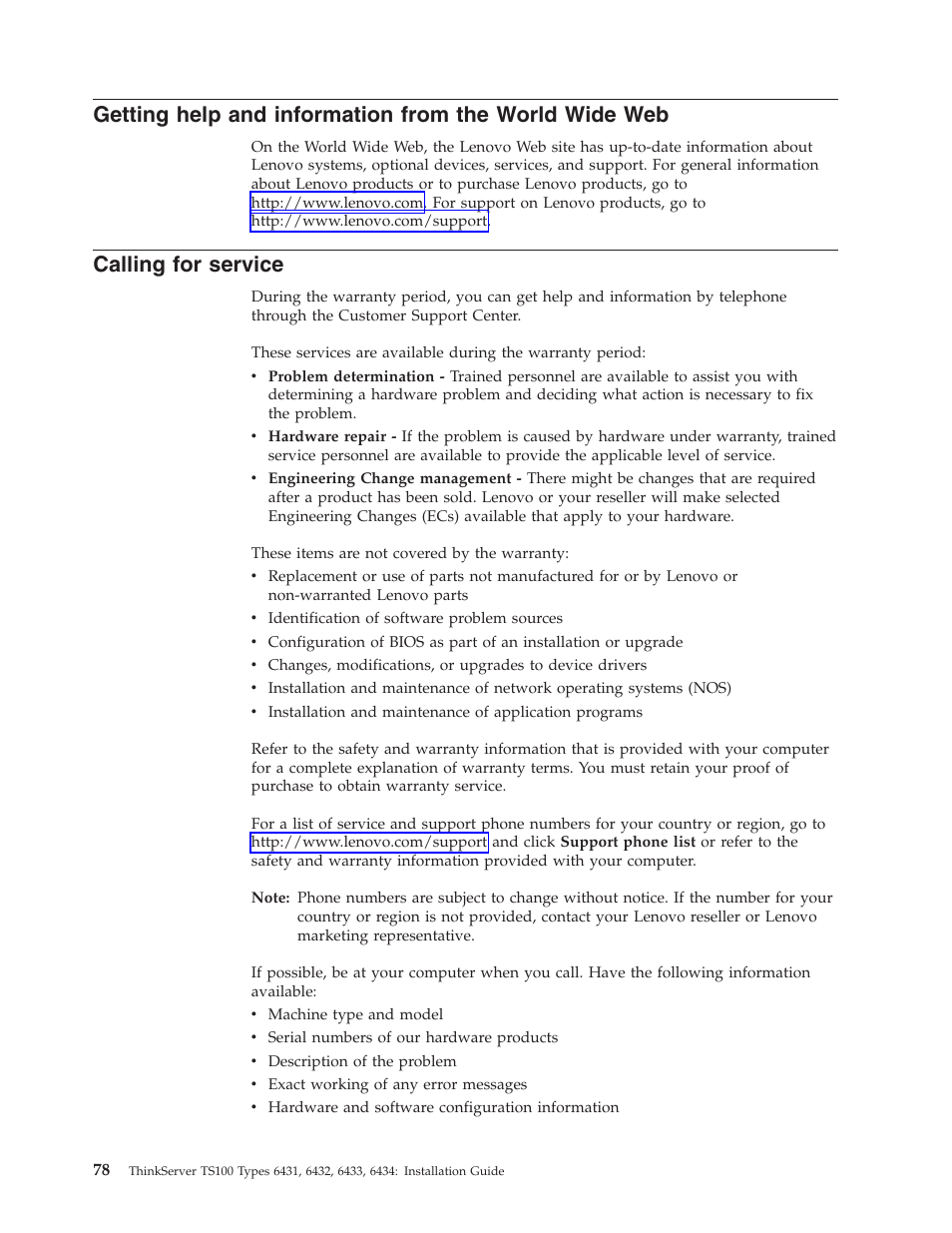 Calling for service, Getting, Help | Information, From, World, Wide, Calling, Service | Lenovo THINKSERVER TS100 6434 User Manual | Page 92 / 110