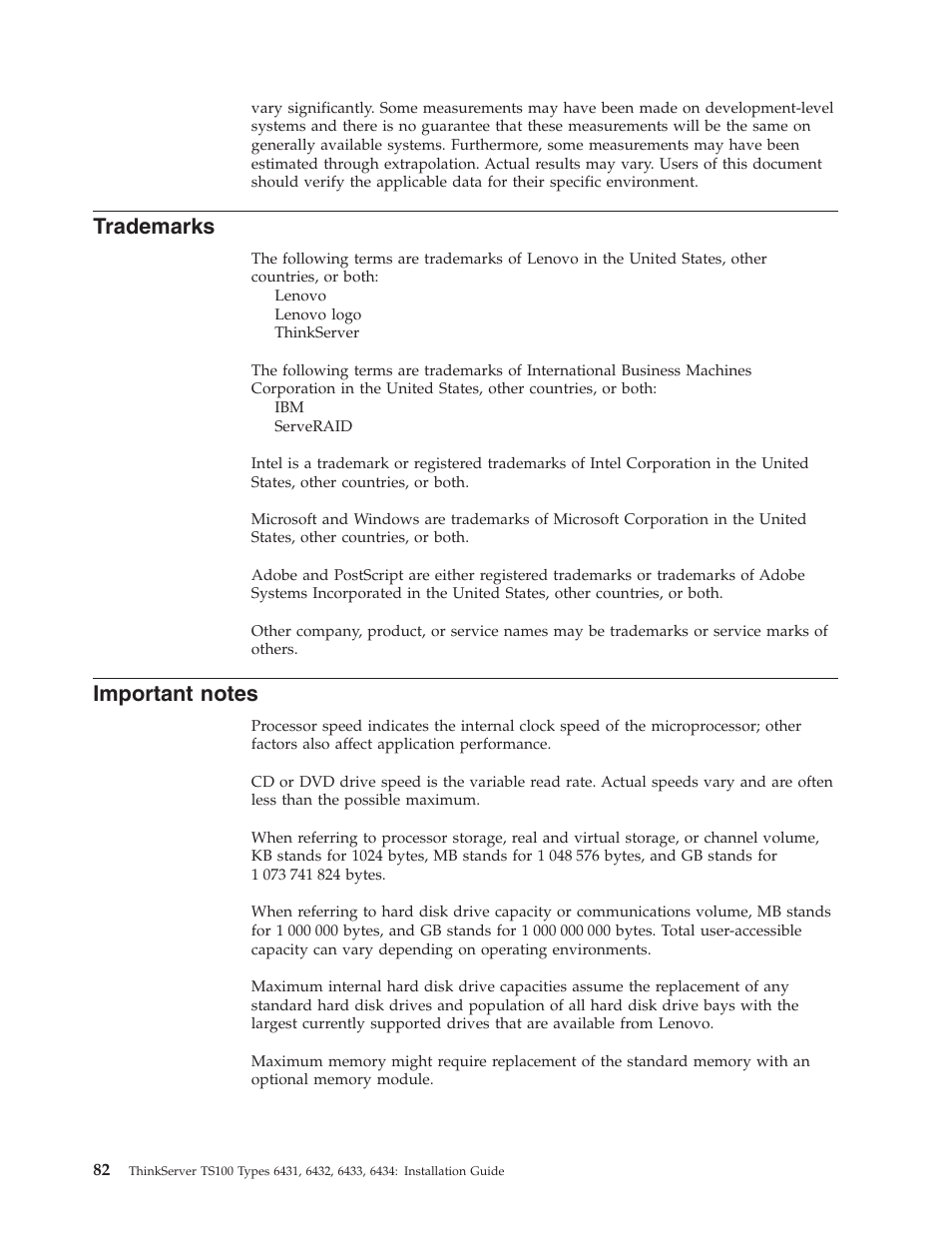 Trademarks, Important notes, Important | Notes | Lenovo THINKSERVER TS100 6434 User Manual | Page 96 / 110
