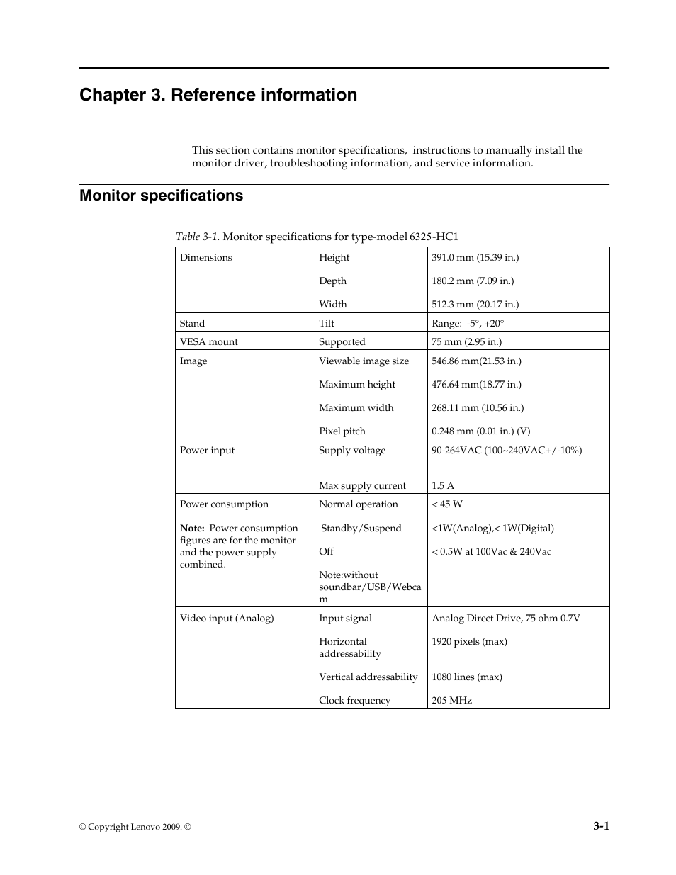 Chapter 3. reference information, Monitor specifications, Chapter 3. reference information -1 | Lenovo L215p User Manual | Page 21 / 36