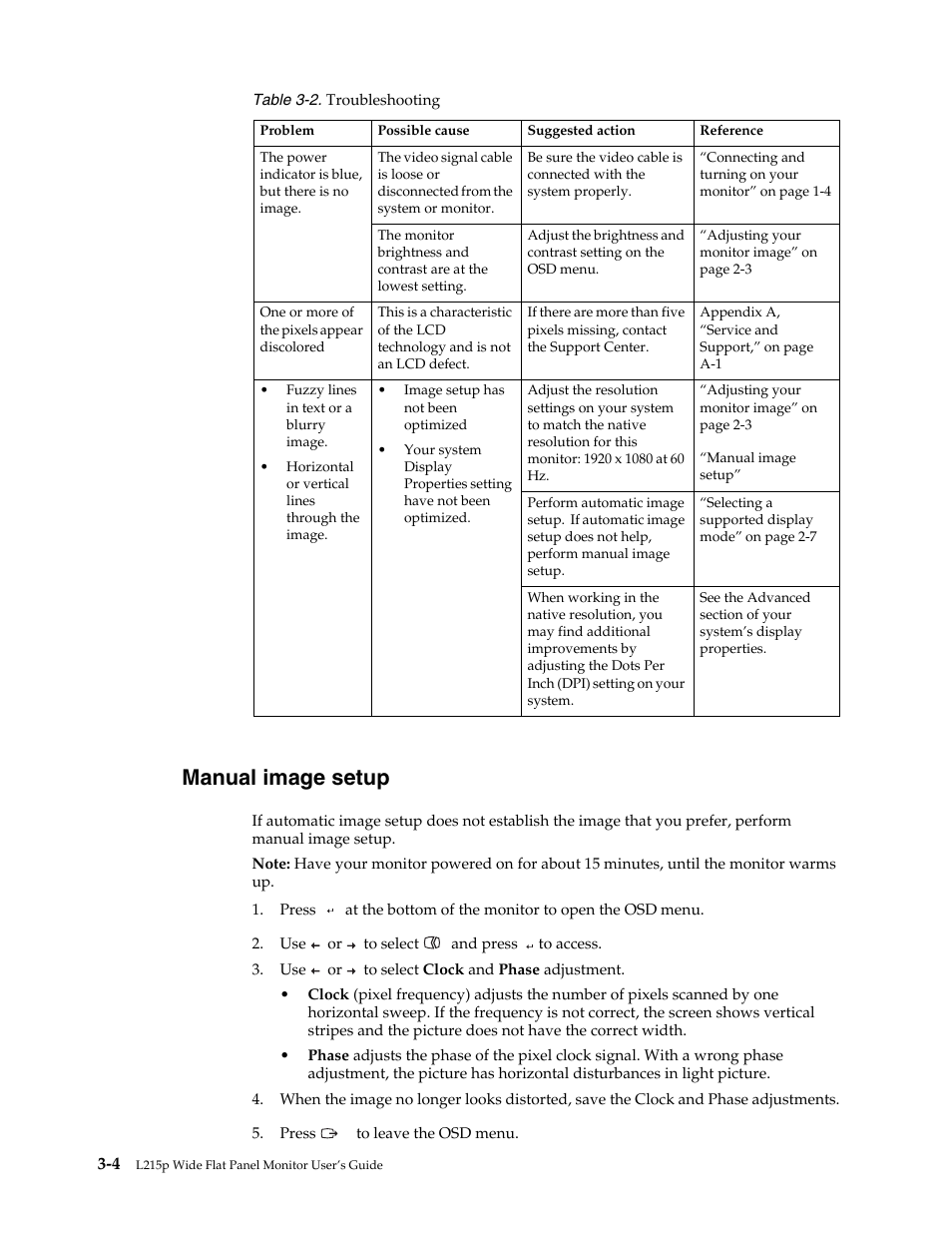 Manual image setup, Troubleshooting -3 | Lenovo L215p User Manual | Page 24 / 36