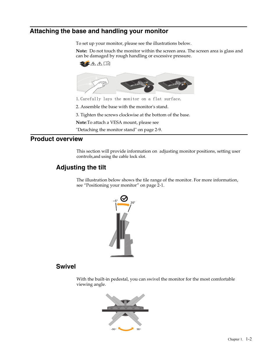 Attaching the base and handling your monitor, Product overview, Adjusting the tilt | Swivel, Monitor controls, Adujusting the tilt, Cable lock slot | Lenovo L215p User Manual | Page 6 / 36