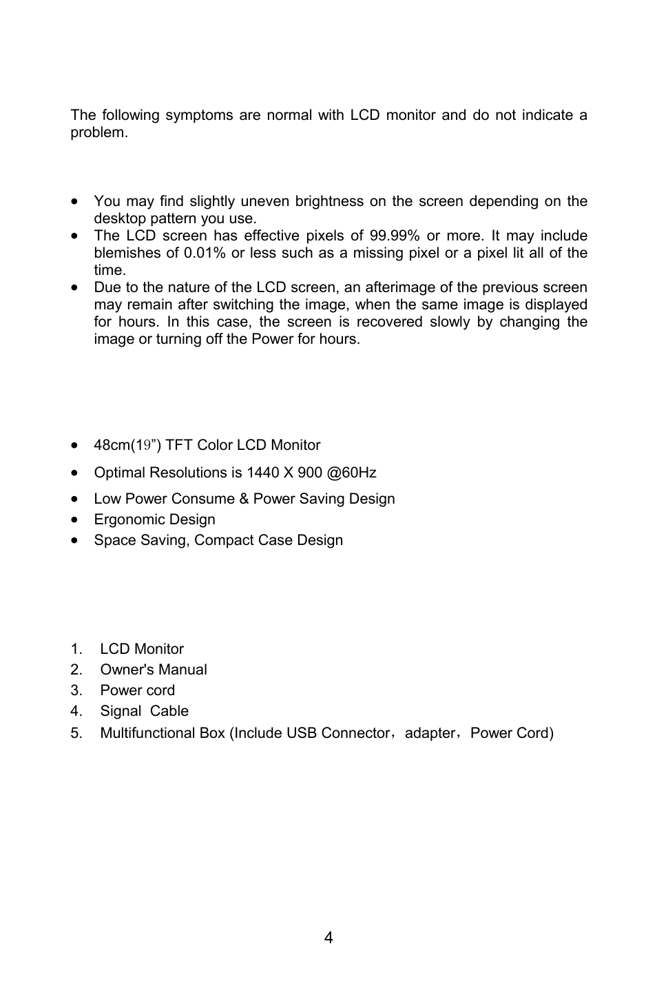Special notes on lcd monitors, Before you operate the monitor, Features packing list | Lenovo LXM-WL19CH User Manual | Page 4 / 17