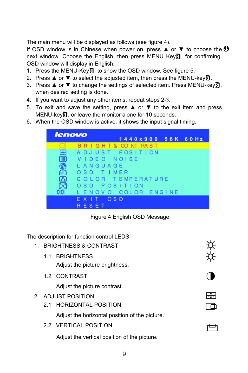 How to use osd, Adjusting the picture | Lenovo LXM-WL19CH User Manual | Page 9 / 17