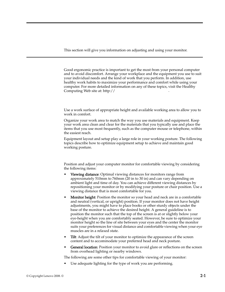 Chapter 2. adjusting and using your monitor, Comfort and accessibility, Arranging your work area | Positioning and viewing your monitor, Chapter 2. adjusting and using your monitor -1, Comfort and accessibility -1, Arranging your work area -1, Positioning and viewing your monitor -1 | Lenovo L1940 User Manual | Page 10 / 32