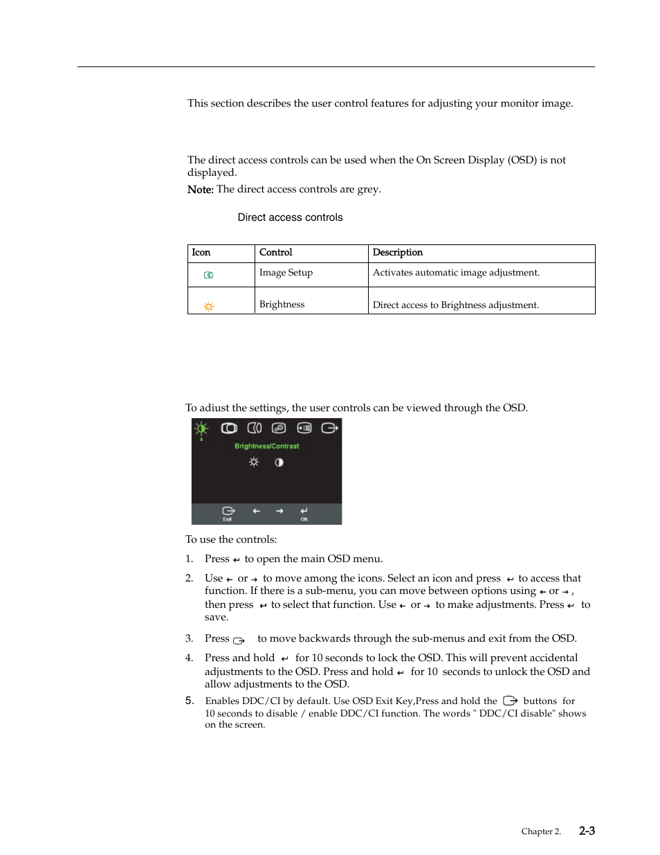 Adjusting your monitor image, Using the direct access controls, Using the on-screen display (osd) controls | Adjusting your monitor image -3, Using the direct access controls -3, Using the on-screen display (osd) controls -3 | Lenovo L1940 User Manual | Page 12 / 32