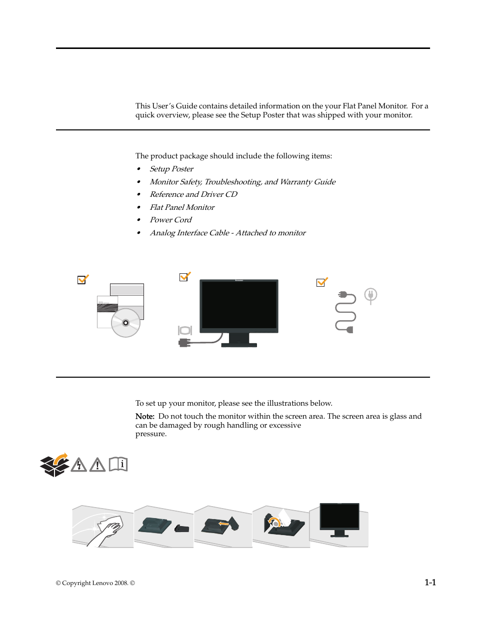 Chapter 1. getting started, Shipping contents, Attaching the base and handling your monitor | Chapter1. getting started -1, Shipping contents -1, Attaching the base and handling your monitor -1 | Lenovo L1940 User Manual | Page 5 / 32