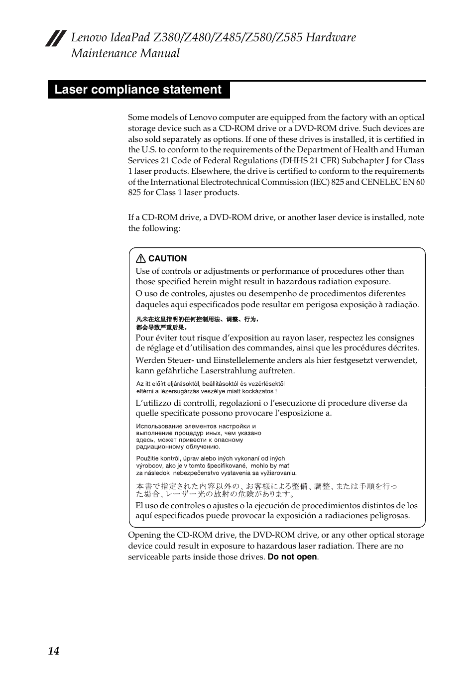 Laser compliance statement | Lenovo Z480 User Manual | Page 18 / 132