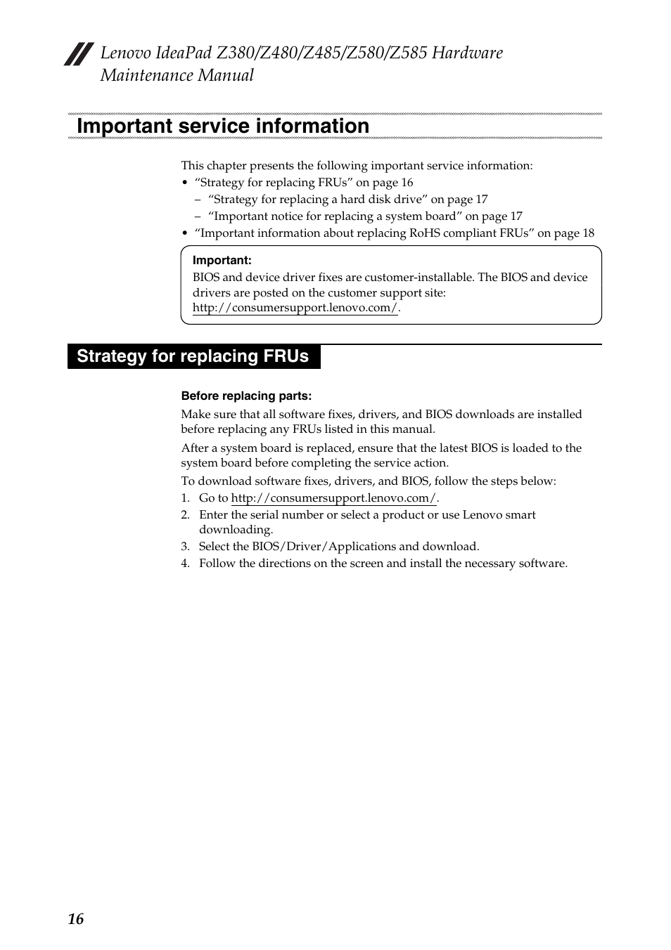 Important service information, Strategy for replacing frus | Lenovo Z480 User Manual | Page 20 / 132