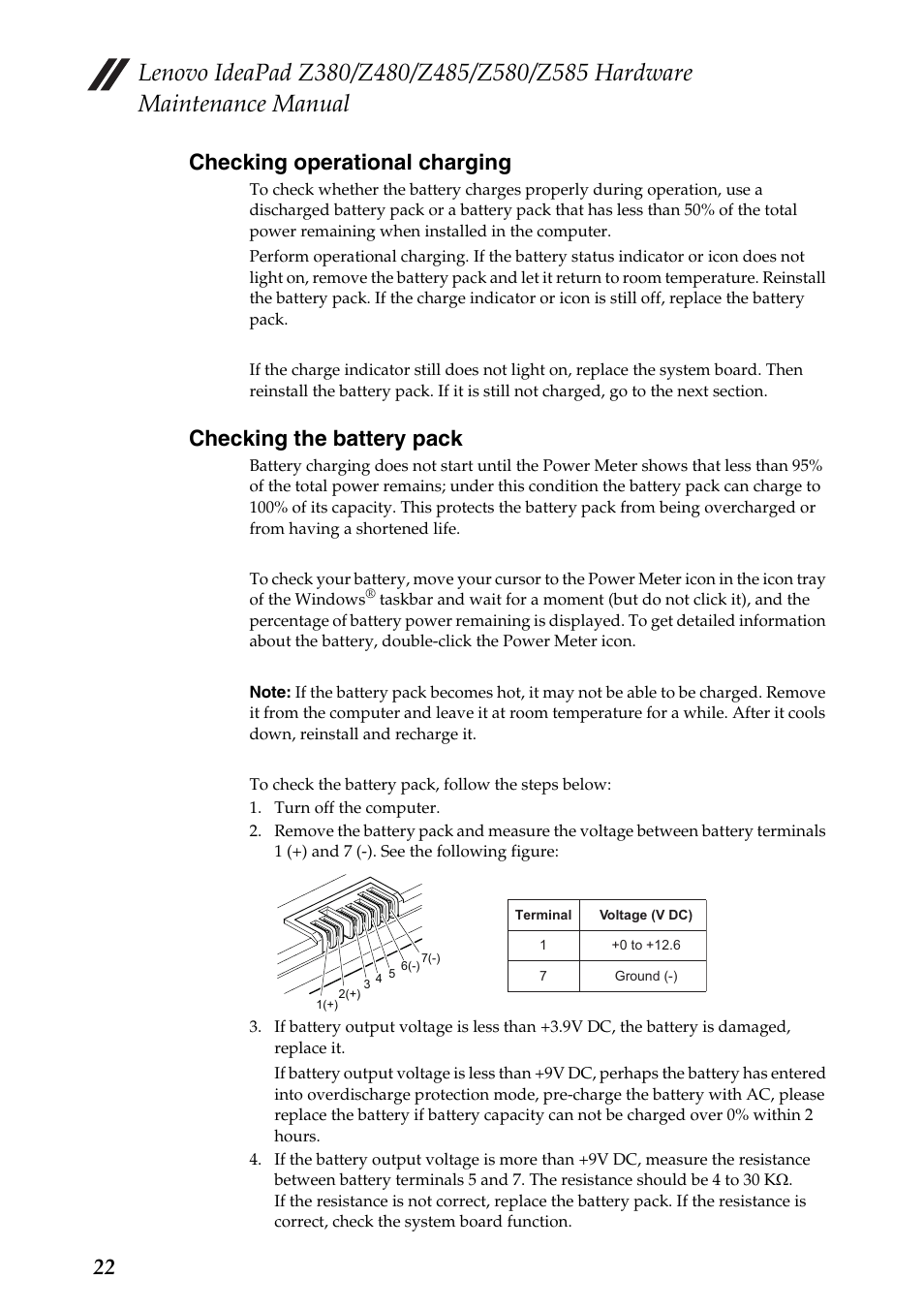 Checking operational charging, Checking the battery pack, 22 checking operational charging | Lenovo Z480 User Manual | Page 26 / 132