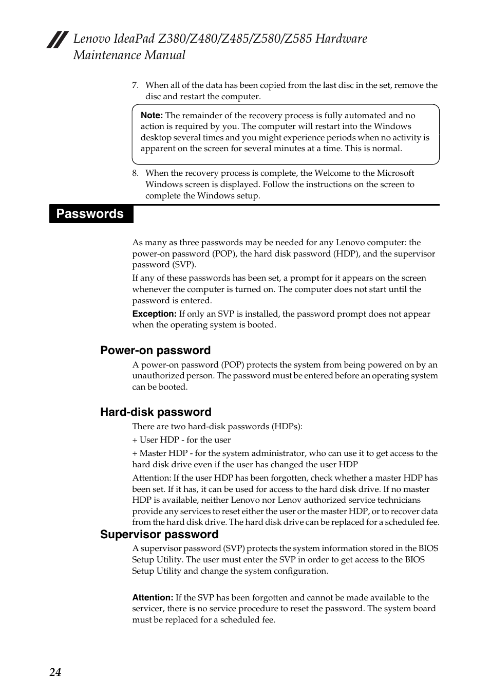 Passwords, Power-on password, Hard-disk password | Supervisor password | Lenovo Z480 User Manual | Page 28 / 132