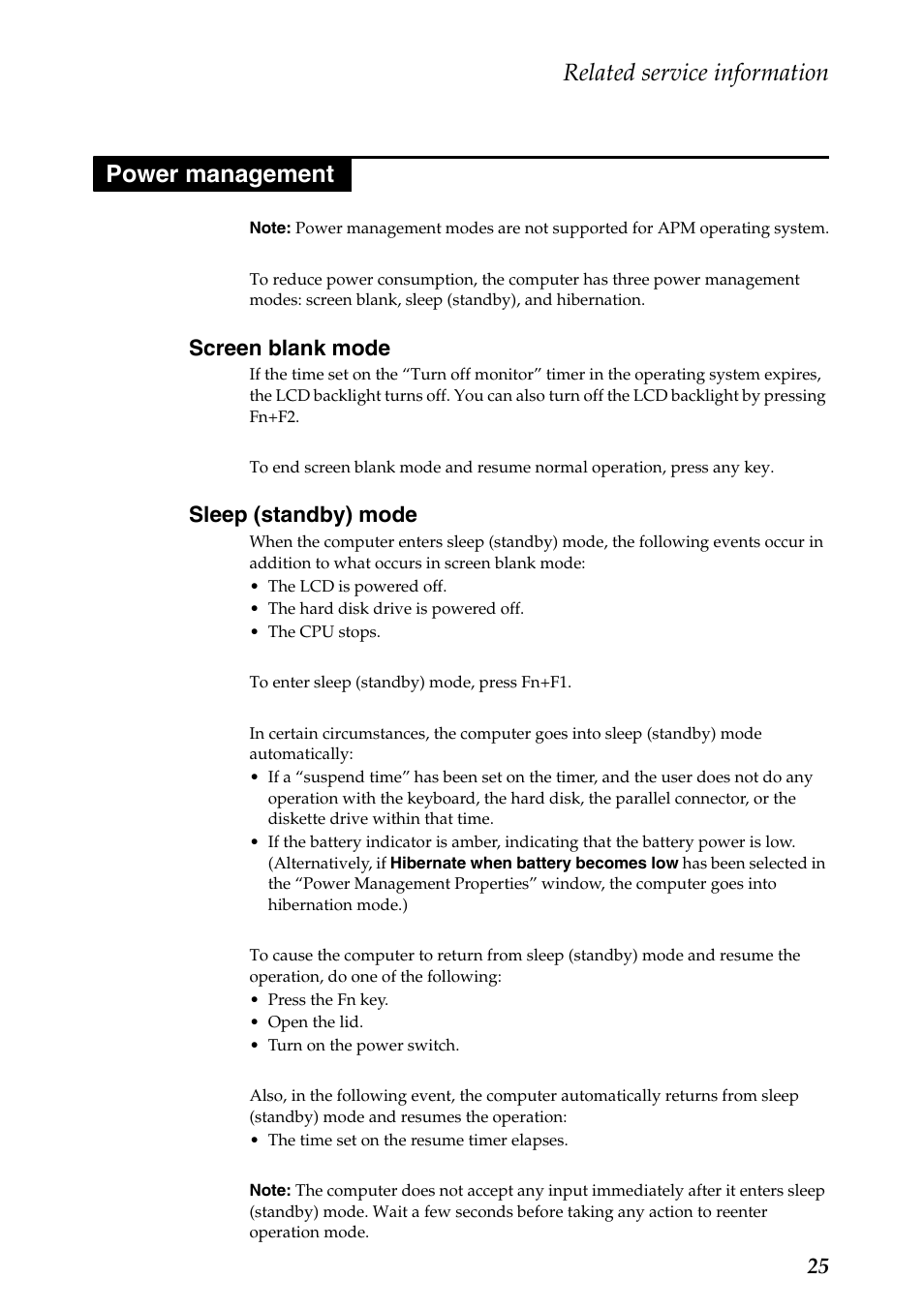 Power management, Screen blank mode, Sleep (standby) mode | Screen blank mode sleep (standby) mode, Related service information | Lenovo Z480 User Manual | Page 29 / 132