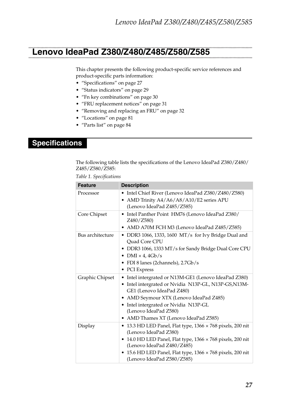Lenovo ideapad z380/z480/z485/z580/z585, Specifications, Lenovo ideapad z380/z480/z485/z580 | Lenovo Z480 User Manual | Page 31 / 132