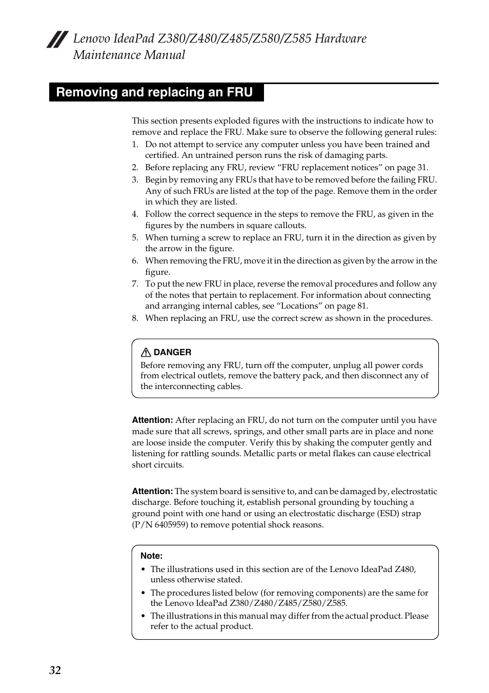 Removing and replacing an fru | Lenovo Z480 User Manual | Page 36 / 132