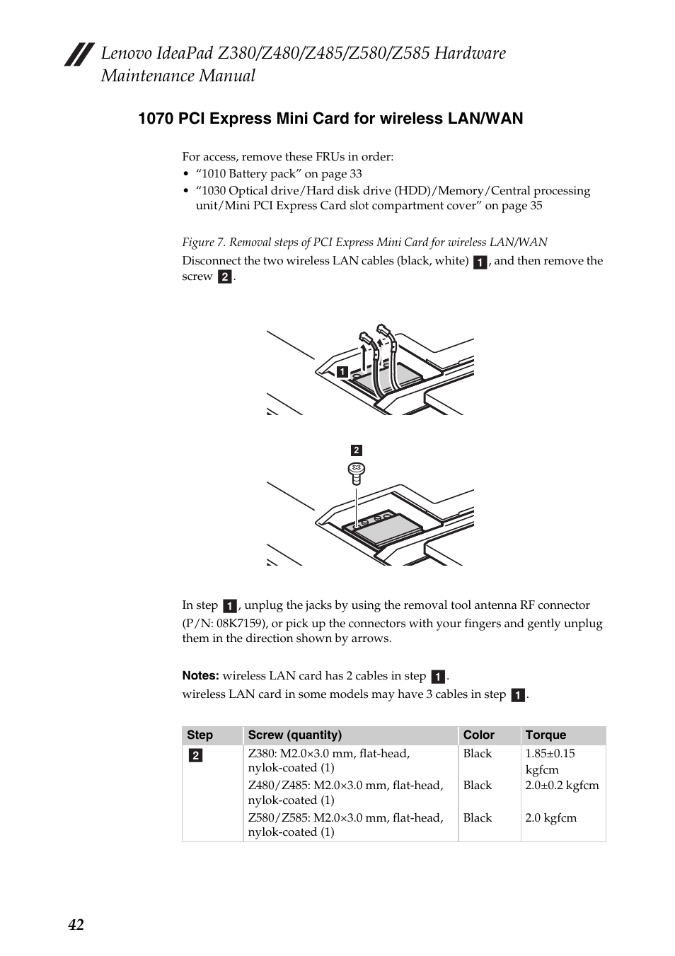 1070 pci express mini card for wireless lan/wan | Lenovo Z480 User Manual | Page 46 / 132