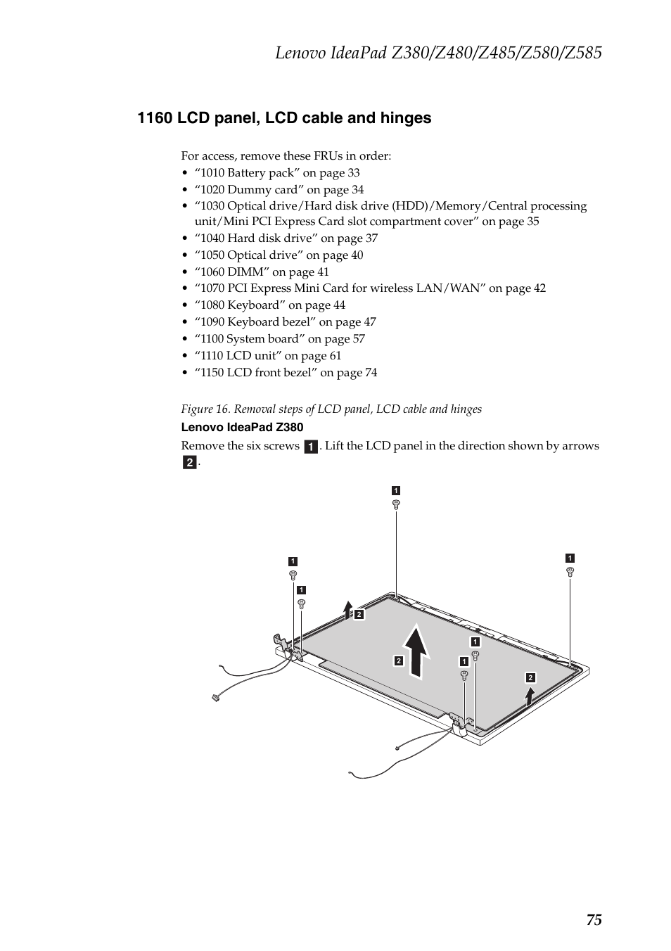 1160 lcd panel, lcd cable and hinges | Lenovo Z480 User Manual | Page 79 / 132