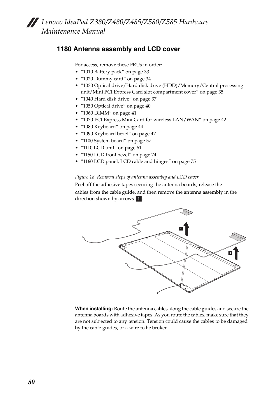 1180 antenna assembly and lcd cover | Lenovo Z480 User Manual | Page 84 / 132