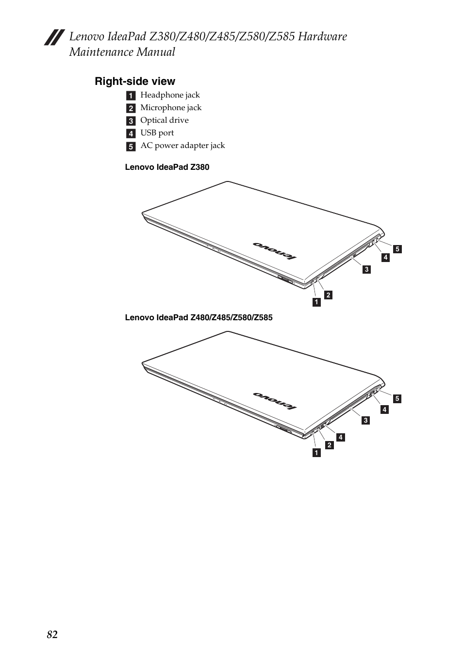 Right-side view, 82 right-side view | Lenovo Z480 User Manual | Page 86 / 132