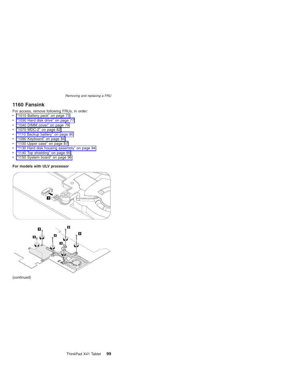 1160 fansink, Fansink | Lenovo ThinkPad X41 Tablet MT 1867 User Manual | Page 103 / 140