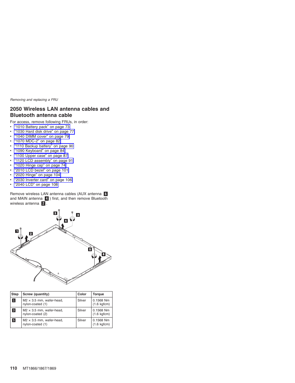 Wireless, Antenna, Cables | Bluetooth, Cable | Lenovo ThinkPad X41 Tablet MT 1867 User Manual | Page 114 / 140