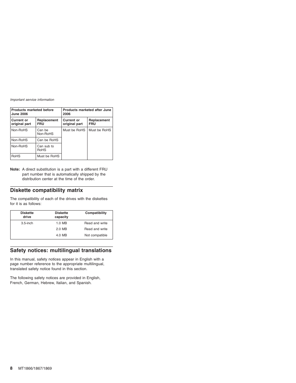 Diskette compatibility matrix, Safety notices: multilingual translations, Diskette | Compatibility, Matrix, Safety, Notices, Multilingual, Translations | Lenovo ThinkPad X41 Tablet MT 1867 User Manual | Page 12 / 140