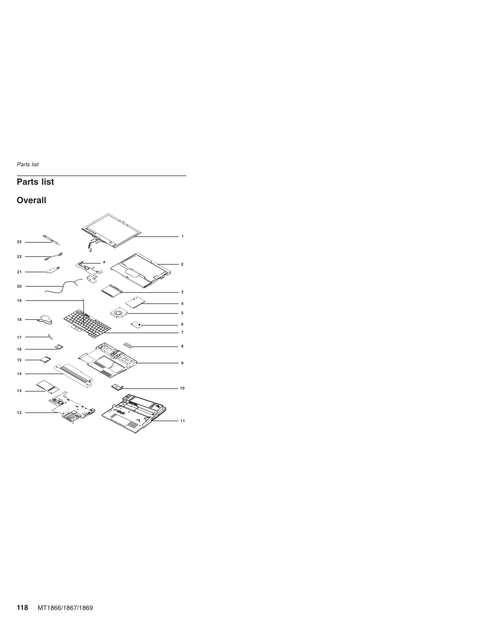 Parts list, Overall, Parts | List | Lenovo ThinkPad X41 Tablet MT 1867 User Manual | Page 122 / 140