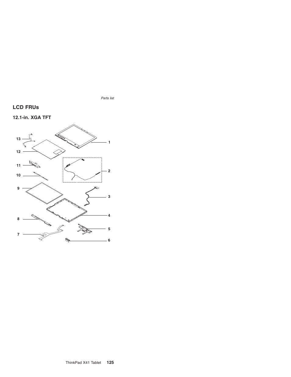 Lcd frus, In. xga tft, Frus | Lenovo ThinkPad X41 Tablet MT 1867 User Manual | Page 129 / 140