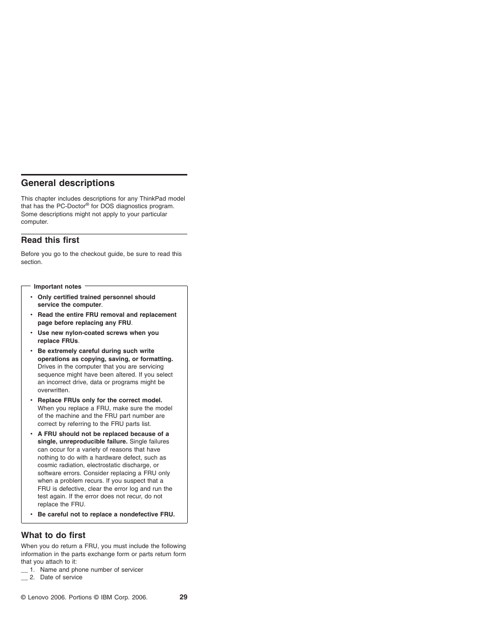 General descriptions, Read this first, What to do first | General, Descriptions, Read, This, First, What | Lenovo ThinkPad X41 Tablet MT 1867 User Manual | Page 33 / 140