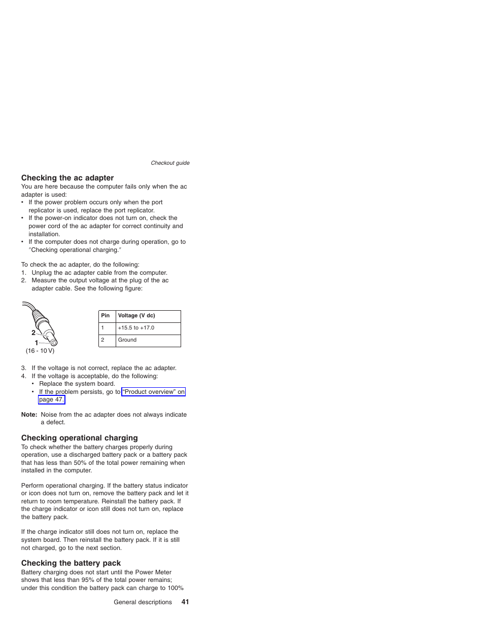 Checking the ac adapter, Checking operational charging, Checking the battery pack | Lenovo ThinkPad X41 Tablet MT 1867 User Manual | Page 45 / 140