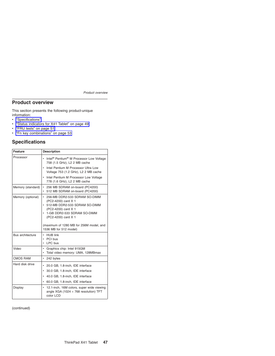 Product overview, Specifications, Product | Overview | Lenovo ThinkPad X41 Tablet MT 1867 User Manual | Page 51 / 140