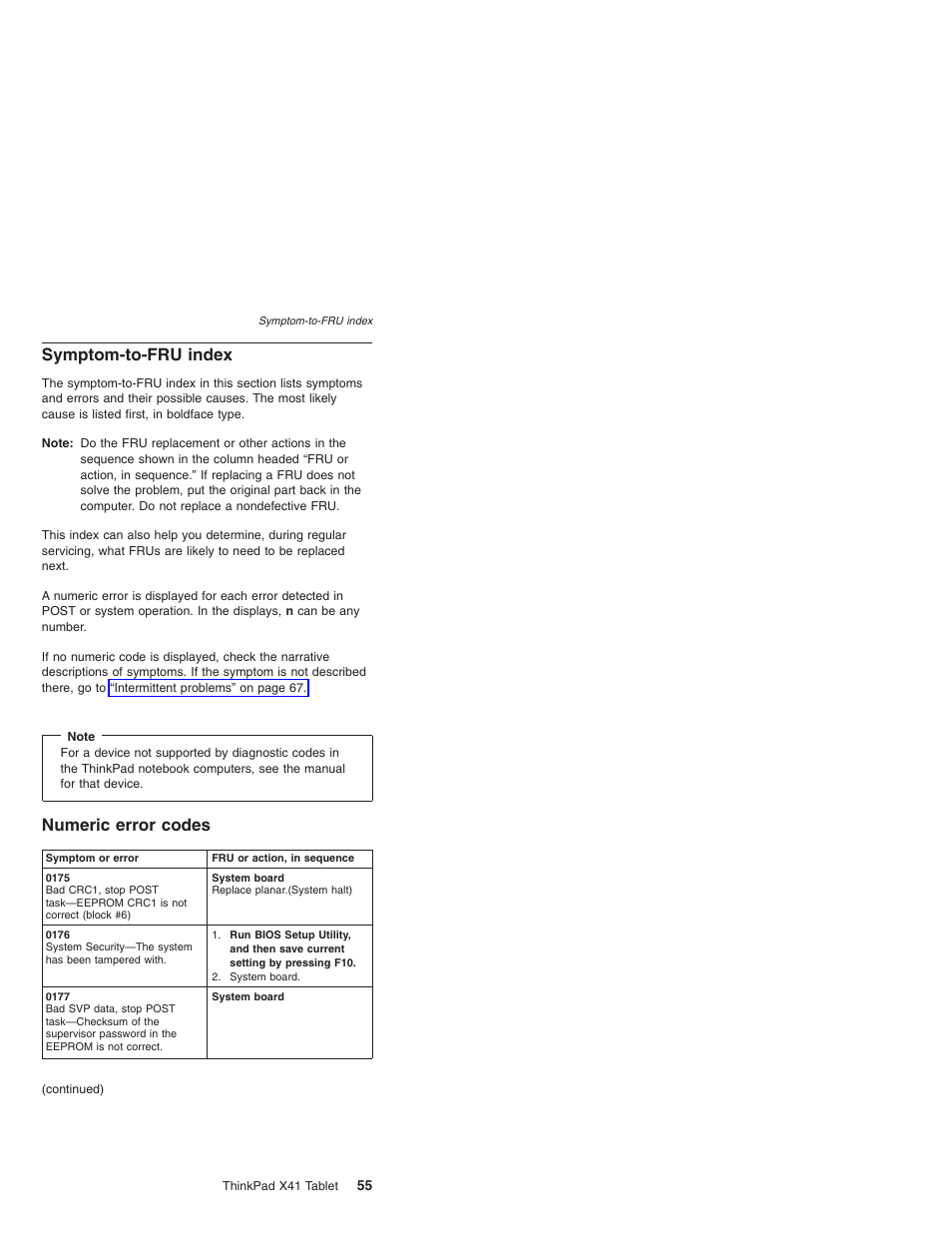 Symptom-to-fru index, Numeric error codes, Symptom-to-fru | Index, Numeric, Error, Codes | Lenovo ThinkPad X41 Tablet MT 1867 User Manual | Page 59 / 140