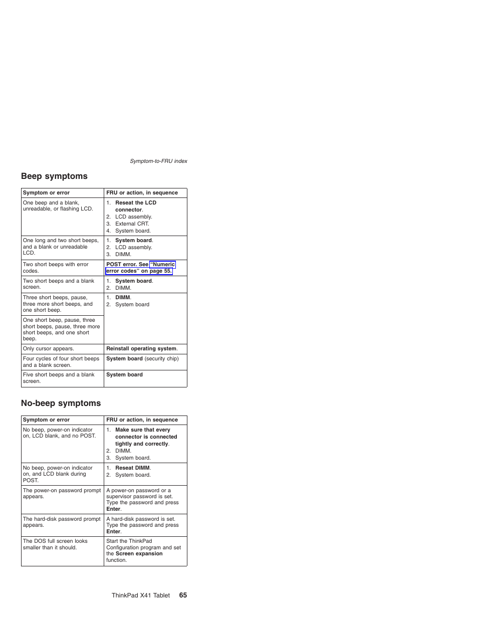 Beep symptoms, No-beep symptoms, Beep | Symptoms, No-beep | Lenovo ThinkPad X41 Tablet MT 1867 User Manual | Page 69 / 140