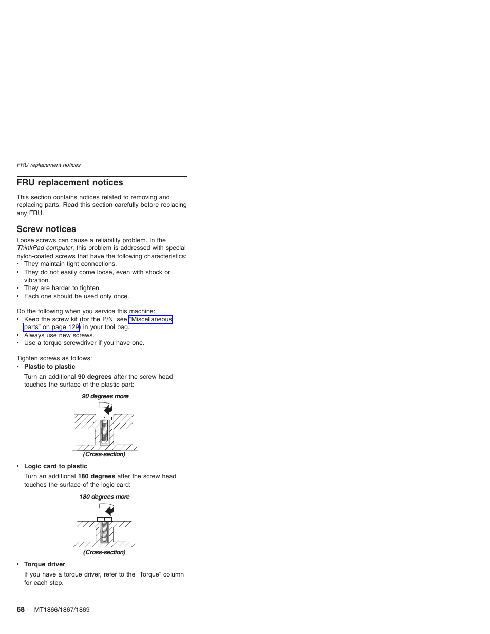 Fru replacement notices, Screw notices, Replacement | Notices, Screw | Lenovo ThinkPad X41 Tablet MT 1867 User Manual | Page 72 / 140