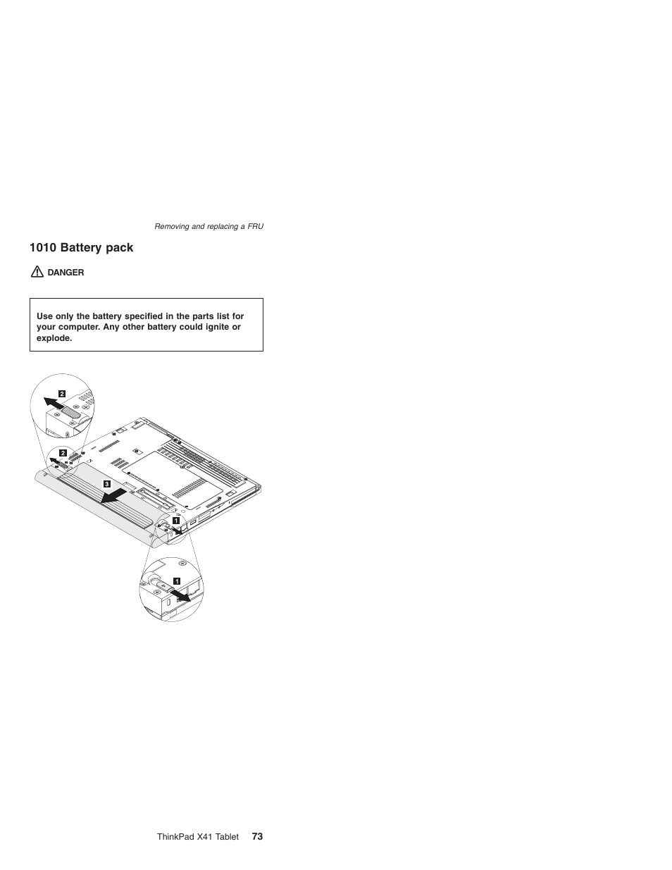 1010 battery pack, Battery, Pack | Lenovo ThinkPad X41 Tablet MT 1867 User Manual | Page 77 / 140