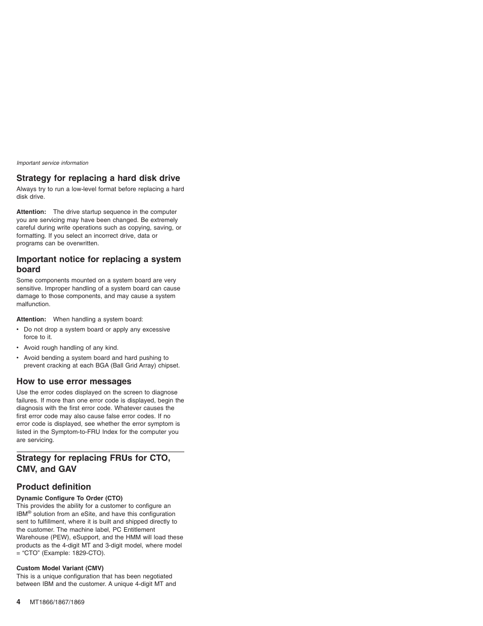 Strategy for replacing a hard disk drive, Important notice for replacing a system board, How to use error messages | Strategy for replacing frus for cto, cmv, and gav, Product definition, Strategy, Replacing, Hard, Disk, Drive | Lenovo ThinkPad X41 Tablet MT 1867 User Manual | Page 8 / 140