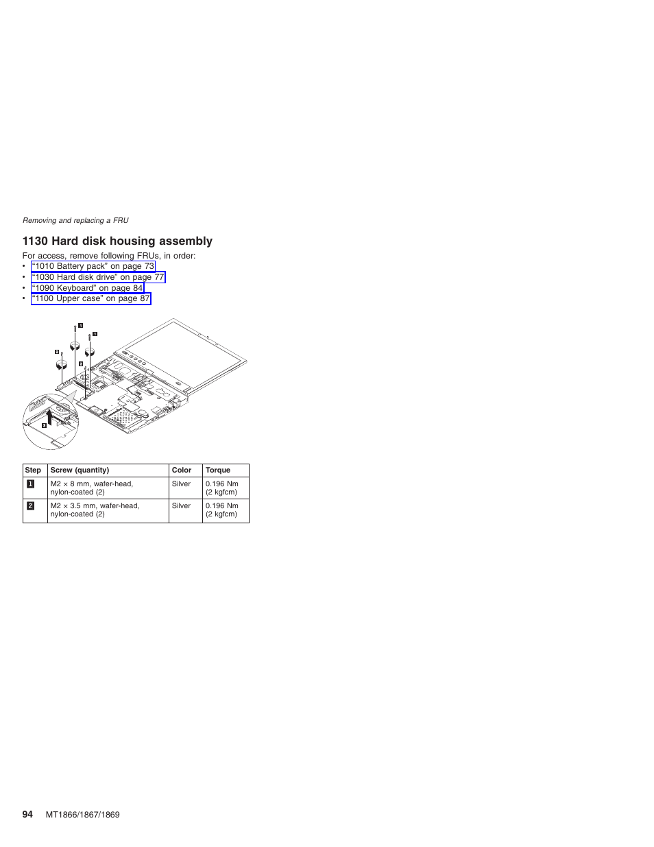 1130 hard disk housing assembly, Hard, Disk | Housing, Assembly | Lenovo ThinkPad X41 Tablet MT 1867 User Manual | Page 98 / 140