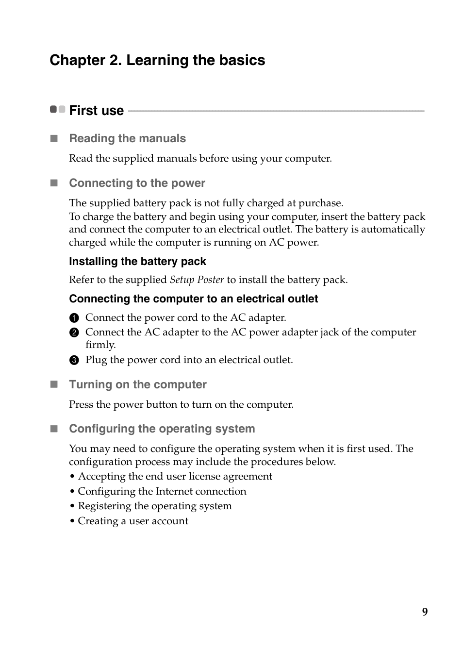 Chapter 2. learning the basics, First use | Lenovo Z580 User Manual | Page 13 / 59