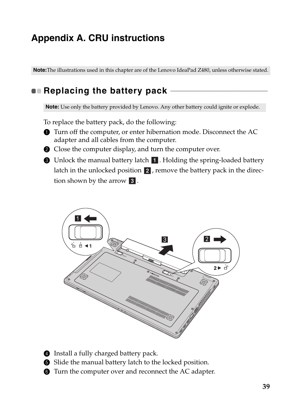 Appendix a. cru instructions, Replacing the battery pack | Lenovo Z580 User Manual | Page 43 / 59