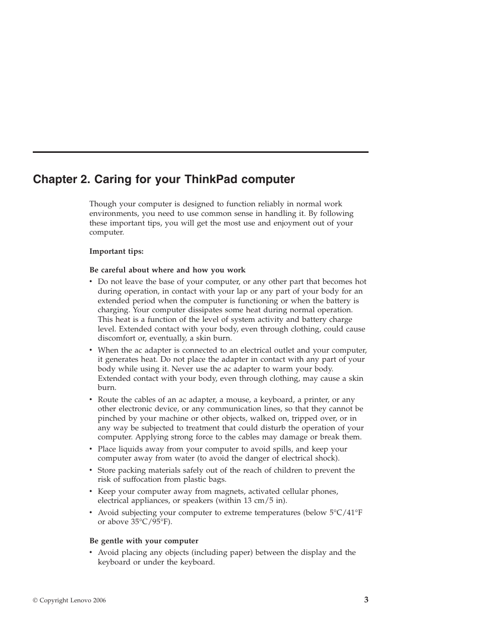 Chapter 2. caring for your thinkpad computer, Chapter, Caring | Your, Thinkpad, Computer | Lenovo Z61t User Manual | Page 11 / 76