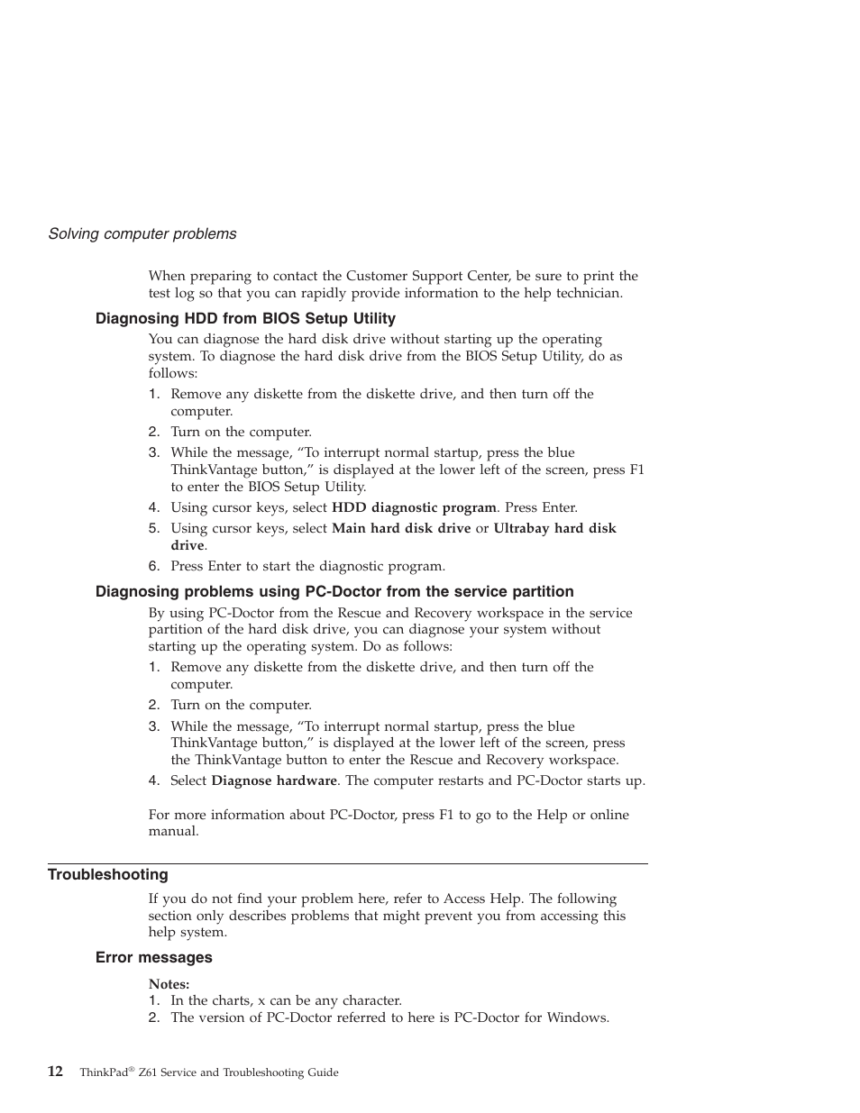 Diagnosing hdd from bios setup utility, Troubleshooting, Error messages | Diagnosing, From, Bios, Setup, Utility, Problems, Using | Lenovo Z61t User Manual | Page 20 / 76