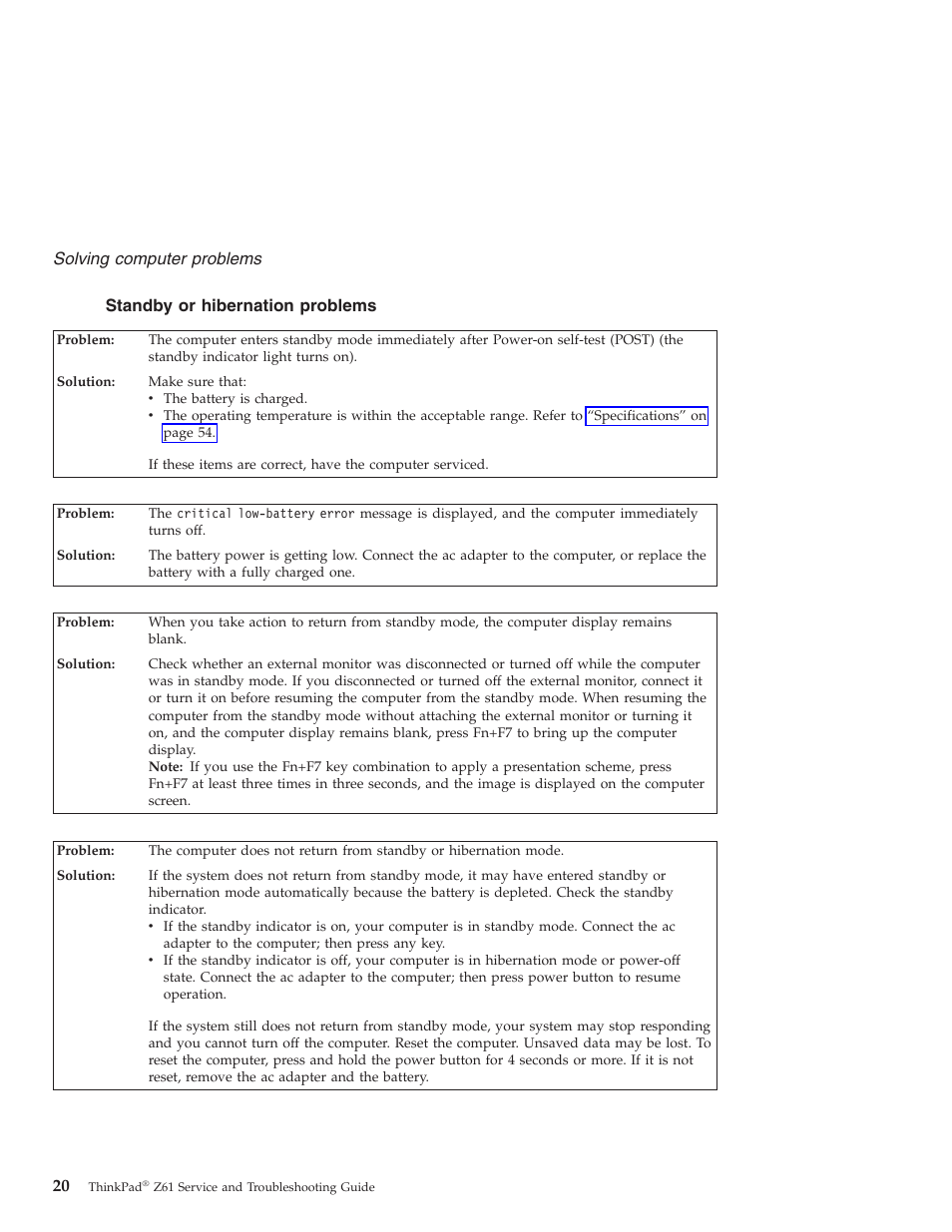 Standby or hibernation problems, Standby, Hibernation | Problems, Solving, Computer | Lenovo Z61t User Manual | Page 28 / 76