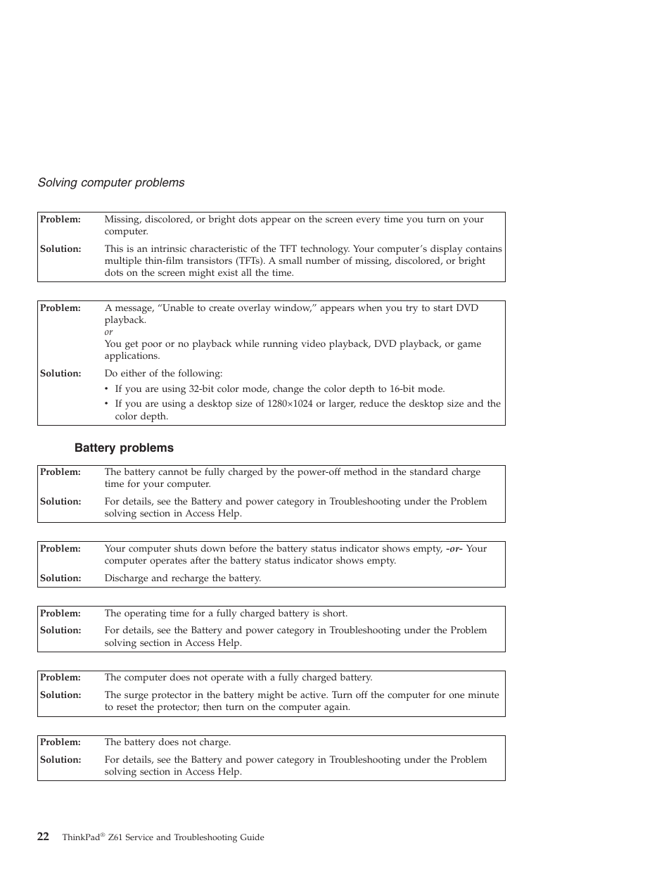 Battery problems, Battery, Problems | Solving, Computer | Lenovo Z61t User Manual | Page 30 / 76