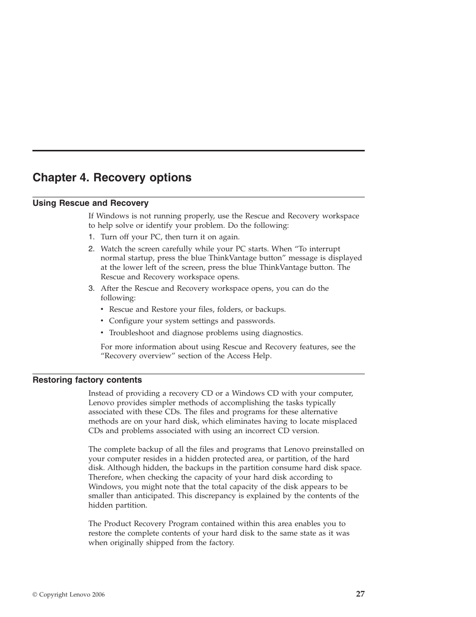 Chapter 4. recovery options, Using rescue and recovery, Restoring factory contents | Chapter, Recovery, Options, Using, Rescue, Restoring, Factory | Lenovo Z61t User Manual | Page 35 / 76