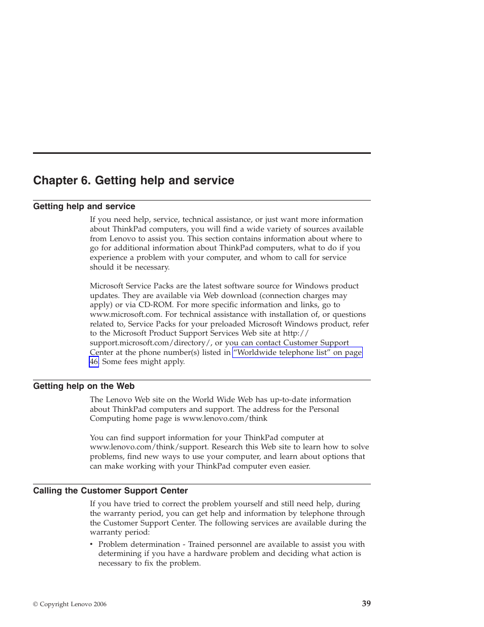 Chapter 6. getting help and service, Getting help and service, Getting help on the web | Calling the customer support center, Chapter, Getting, Help, Service, Calling, Customer | Lenovo Z61t User Manual | Page 47 / 76