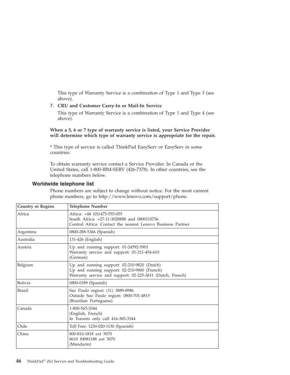 Worldwide telephone list, Worldwide, Telephone | List | Lenovo Z61t User Manual | Page 54 / 76