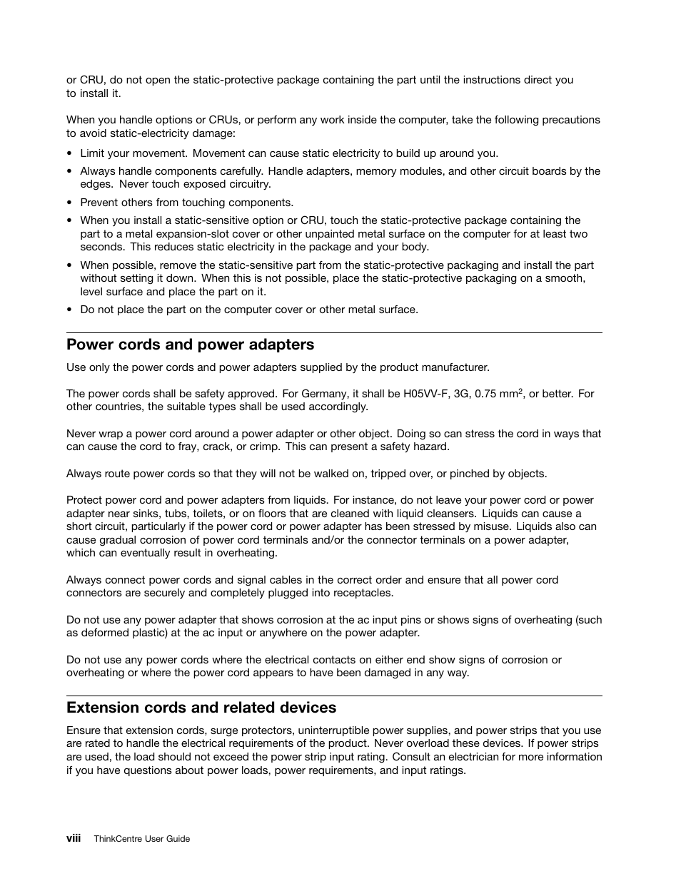 Power cords and power adapters, Extension cords and related devices, Viii | Lenovo THINKCENTRE 4473 User Manual | Page 10 / 142