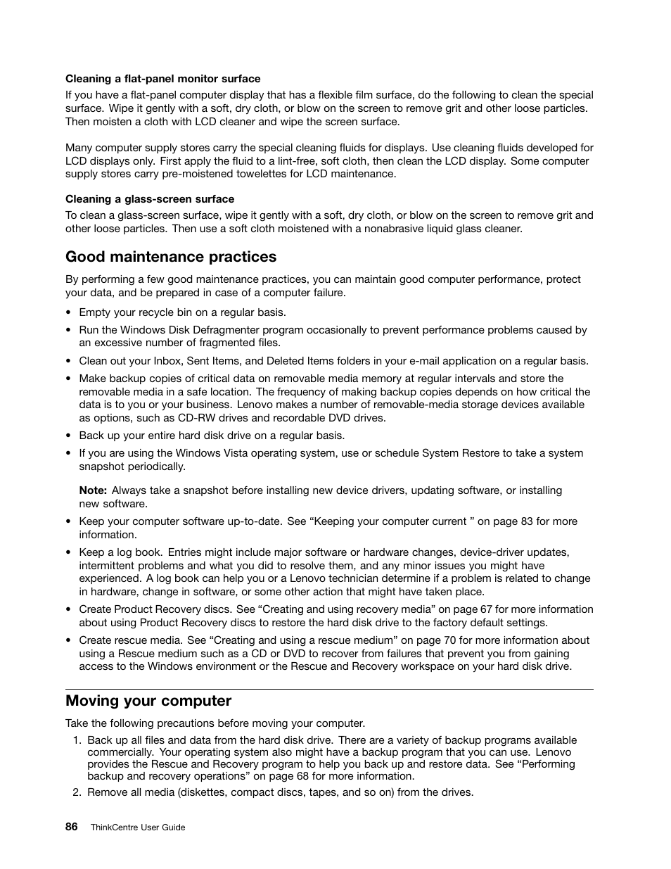 Good maintenance practices, Moving your computer | Lenovo THINKCENTRE 4473 User Manual | Page 100 / 142