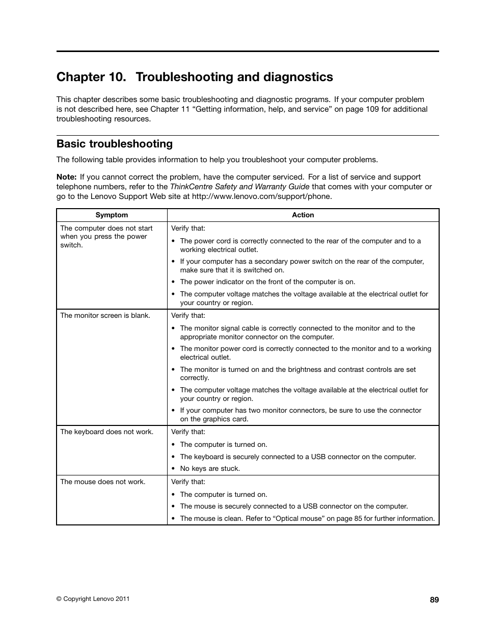 Chapter 10. troubleshooting and diagnostics, Basic troubleshooting | Lenovo THINKCENTRE 4473 User Manual | Page 103 / 142